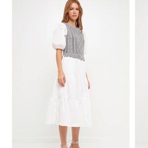 English Factory Mixed Media Cable Knit Down Midi Dress, Heathergrey/White